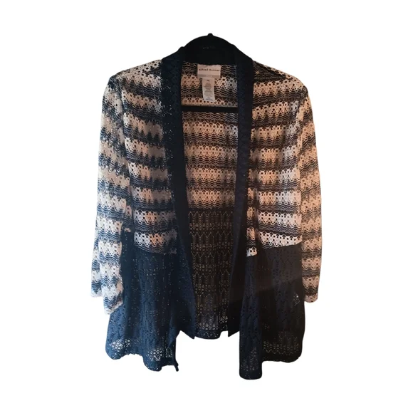 Alfred Dunner Black and White Open-Front Cardigan - Picture 2 of 5